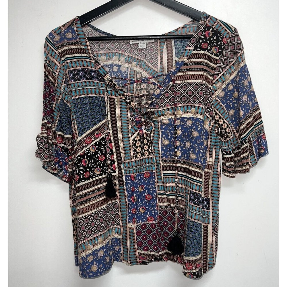 American Eagle Womens Boho Top Size S Short Flutter Sleeve Boxy Crop Tassel Tie
